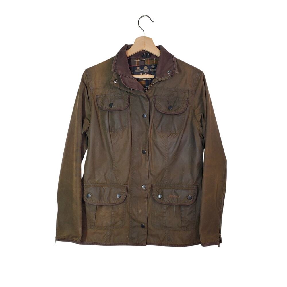 Barbour Waxed Cotton Barn Coat Utility Jacket Olive Tartan Lining Size US 8
